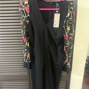 SHEIN Black Dress with Floral Embroidered Sleeves